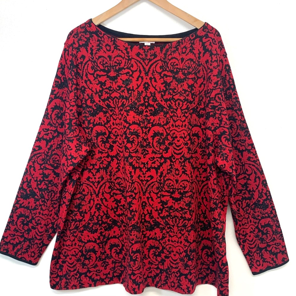 J Jill Women 3X Red Black Damask Rhinestone Knit Top Long Sleeve Boat Neck NEW